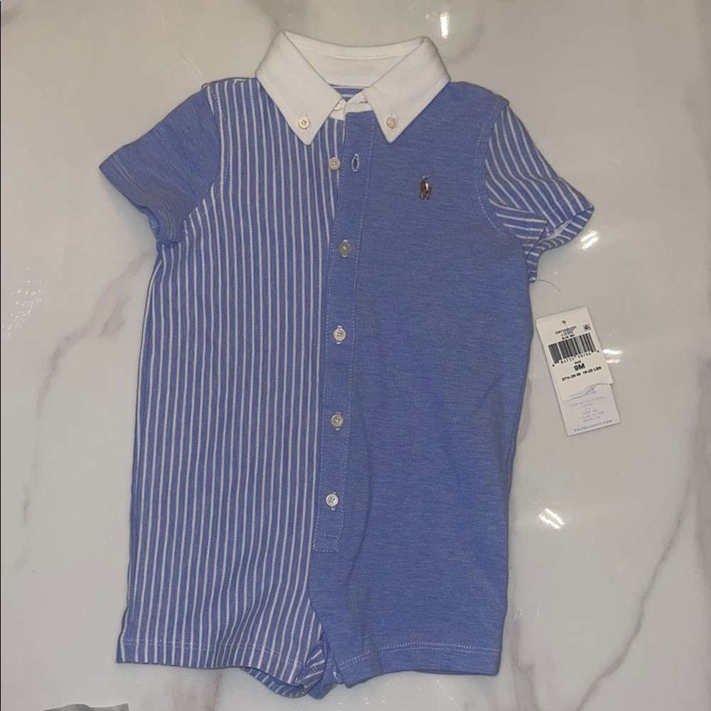 Blue and White Button Down Romper with Color Block Design